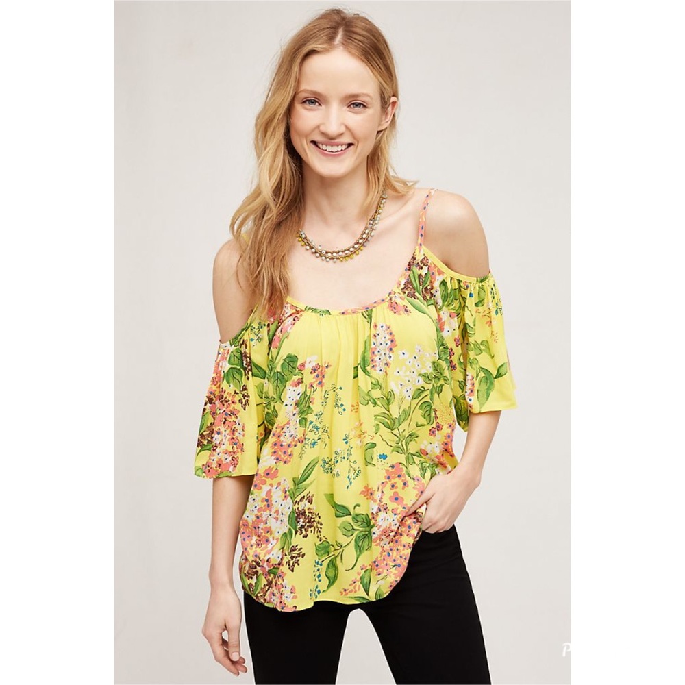 Anthropologie yellow floral cold shoulder blouse S